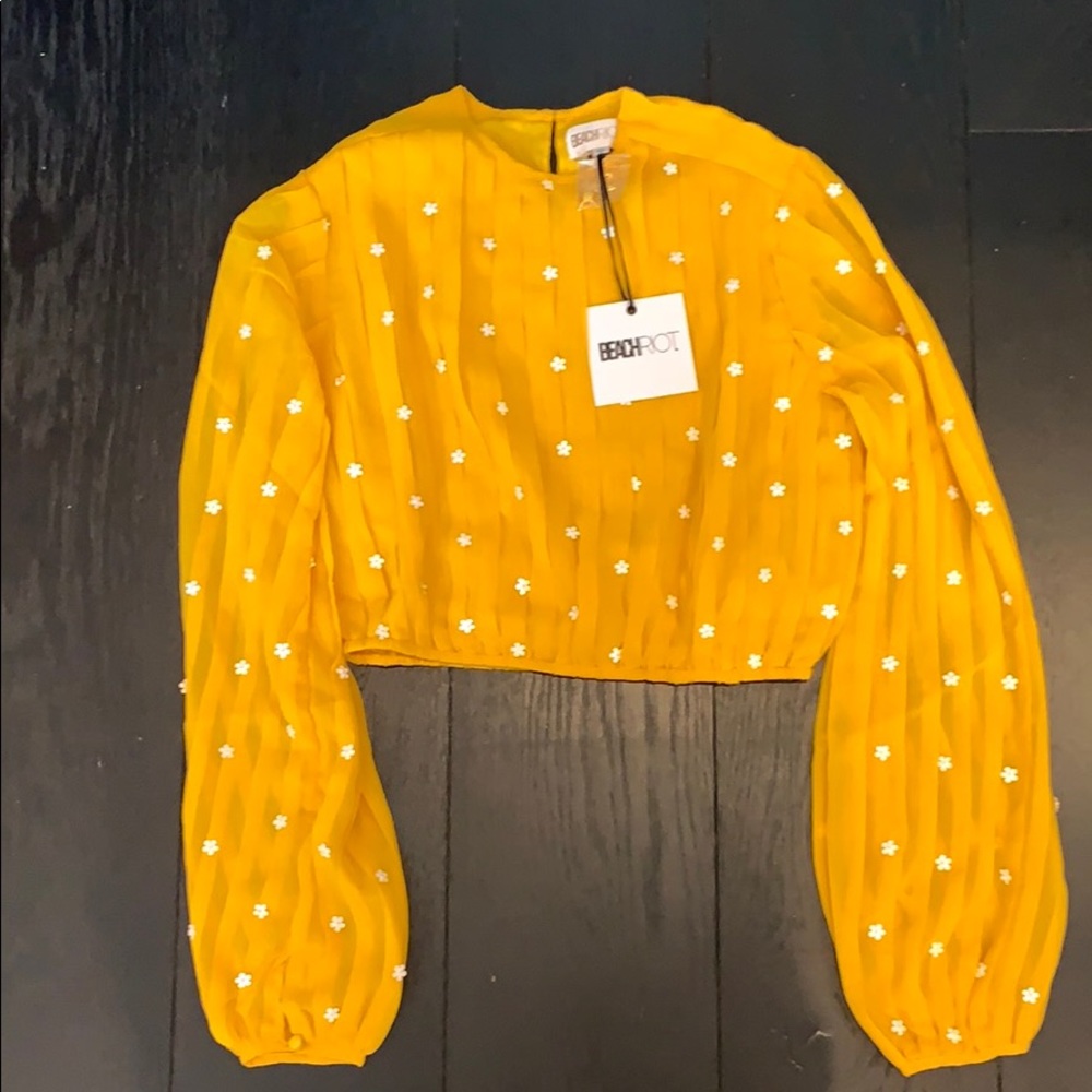 Beach Riot yellow top with white floral appliqués